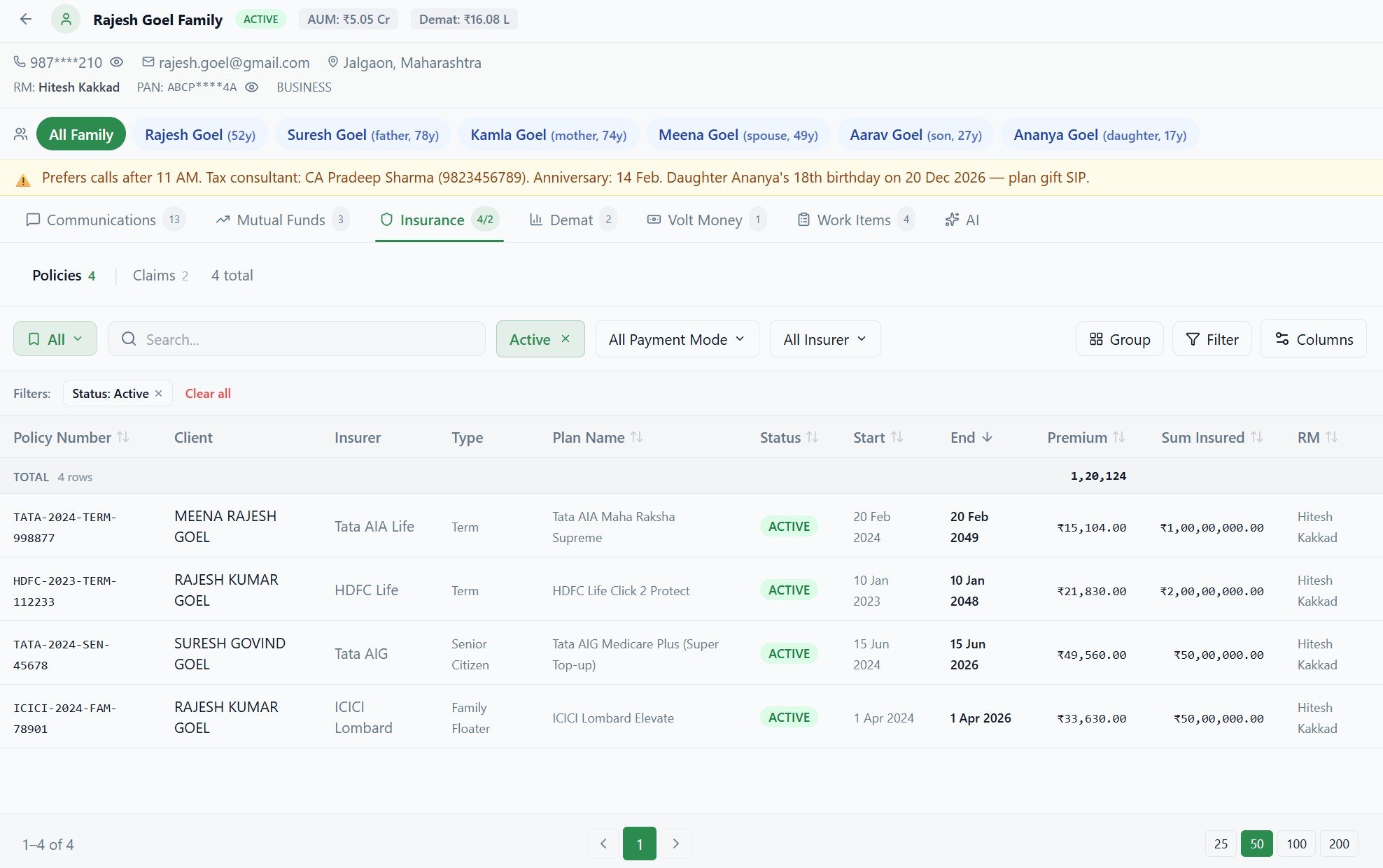 Aventryx Insurance Policies Tab