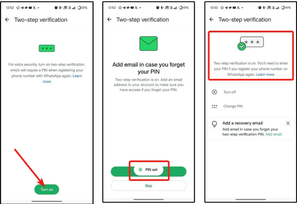 WhatsApp 2FA setup - Turn On then Add backup email then PIN set