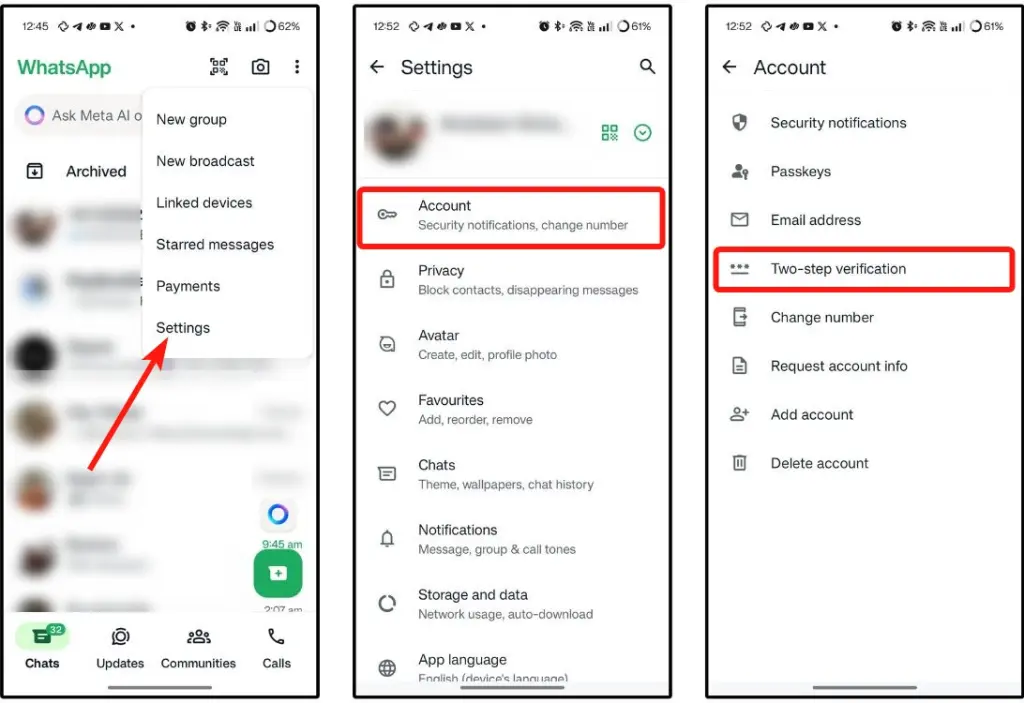 WhatsApp 2FA navigation - Settings then Account then Two-step verification