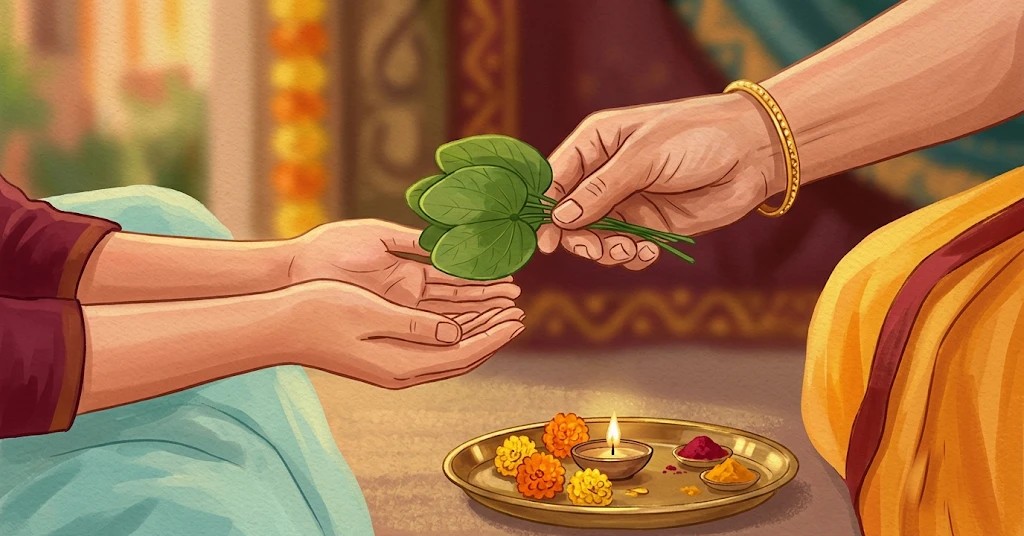 Two hands exchanging apta leaves over a brass plate with a diya and marigolds