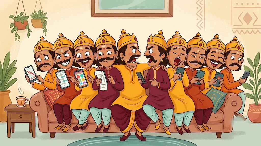 A cartoon Ravan as ten men on a sofa, each looking at a different phone and arguing