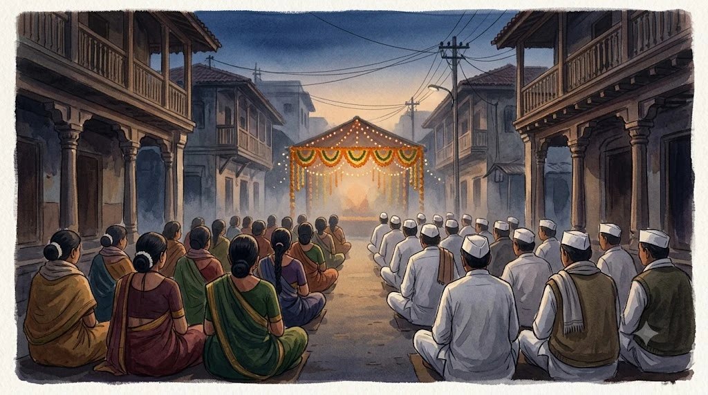 People sitting in rows before a Ganeshotsav pandal at dawn