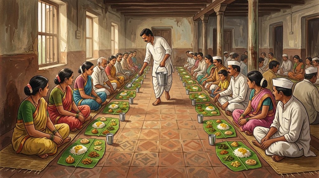 People seated in rows for a meal served on banana leaves