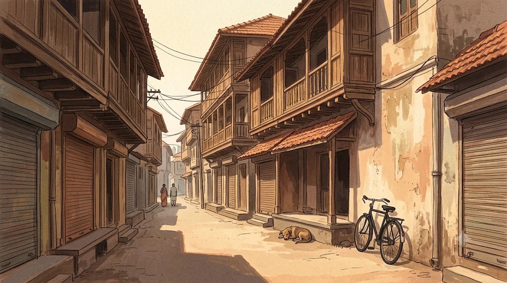 A lane in old Pune with every shop shutter down in the afternoon
