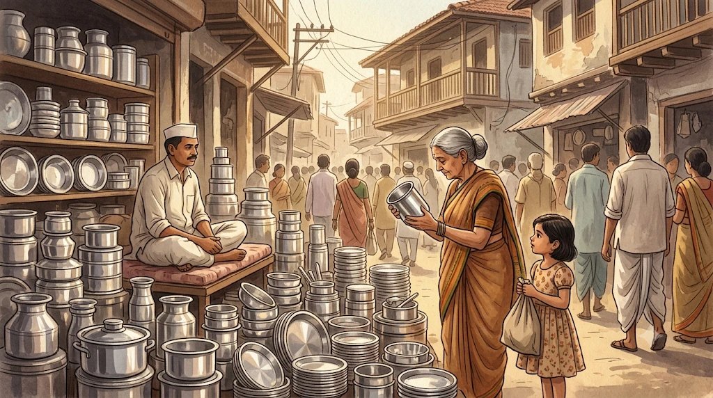 A grandmother inspecting a steel vessel at a market stall while a girl watches